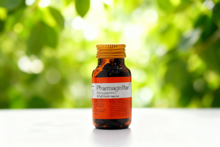 قرص فارماژلیتان برای مو در بطری شیشه ای روی سطح سفید